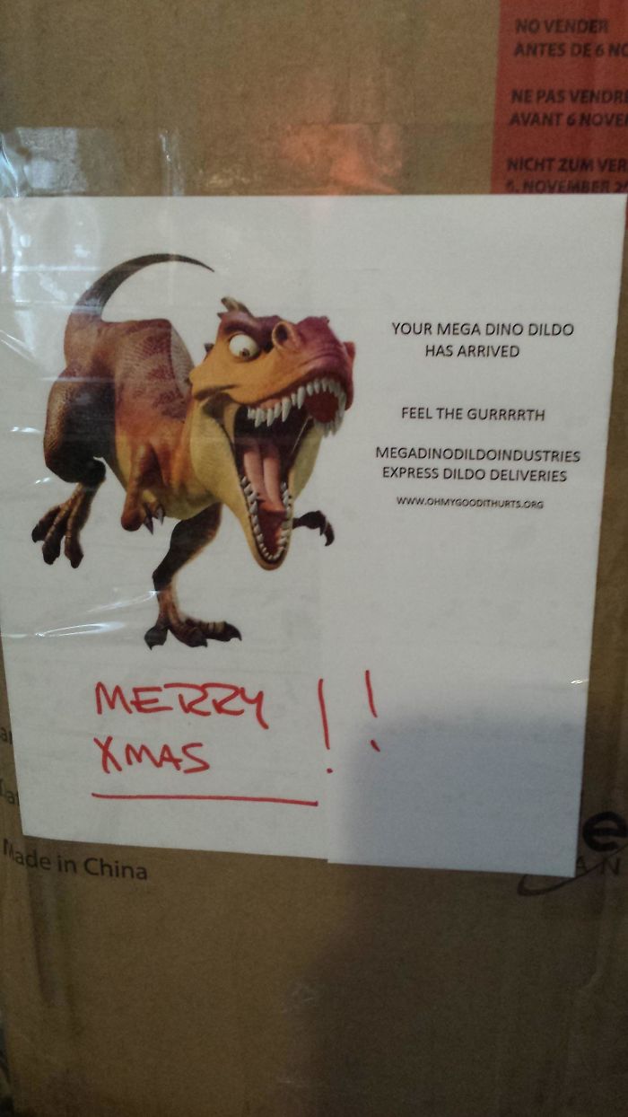 Humorous dad prank with dinosaur-themed delivery notice and "Merry Xmas" message.