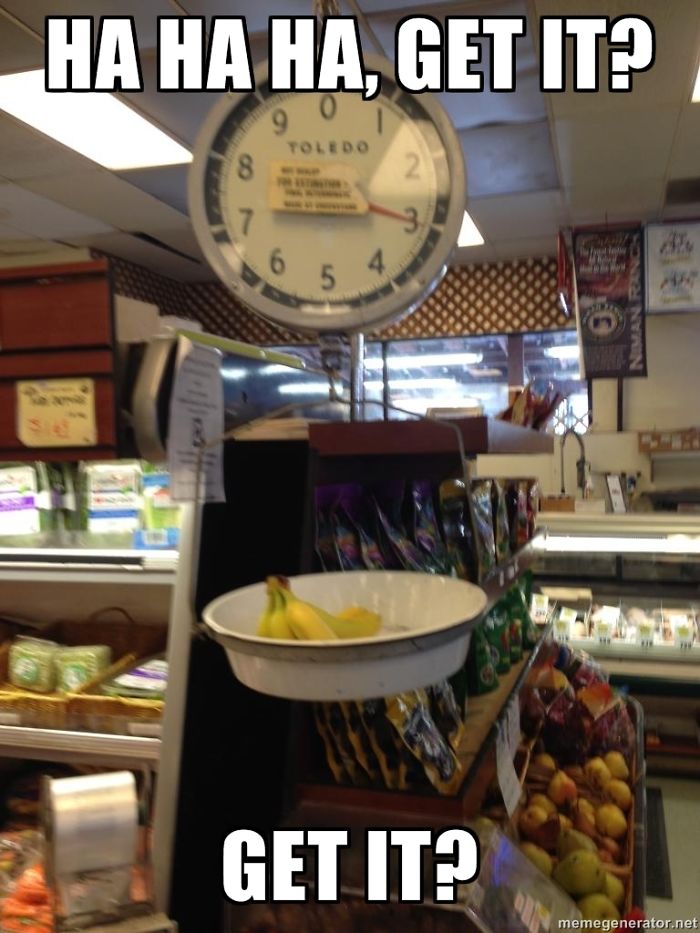 Dad joke with a scale balancing bananas, displaying classic humor in a grocery store setting.