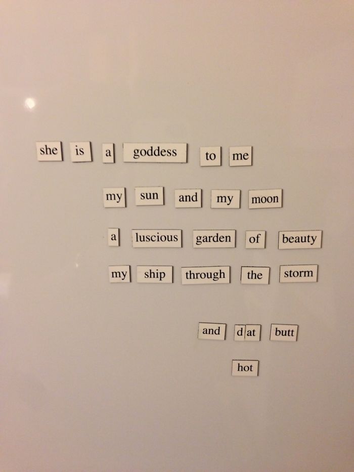 Magnetic poetry on fridge with a humorous dad joke twist about love and beauty.