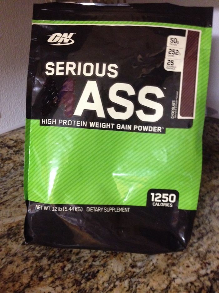 Bag of protein powder labeled "Serious Mass," humorously altered with a dad joke.