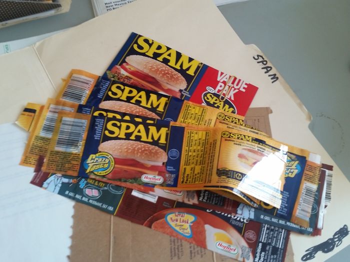 Dads' jokes elevated: a folder humorously filled with SPAM labels.