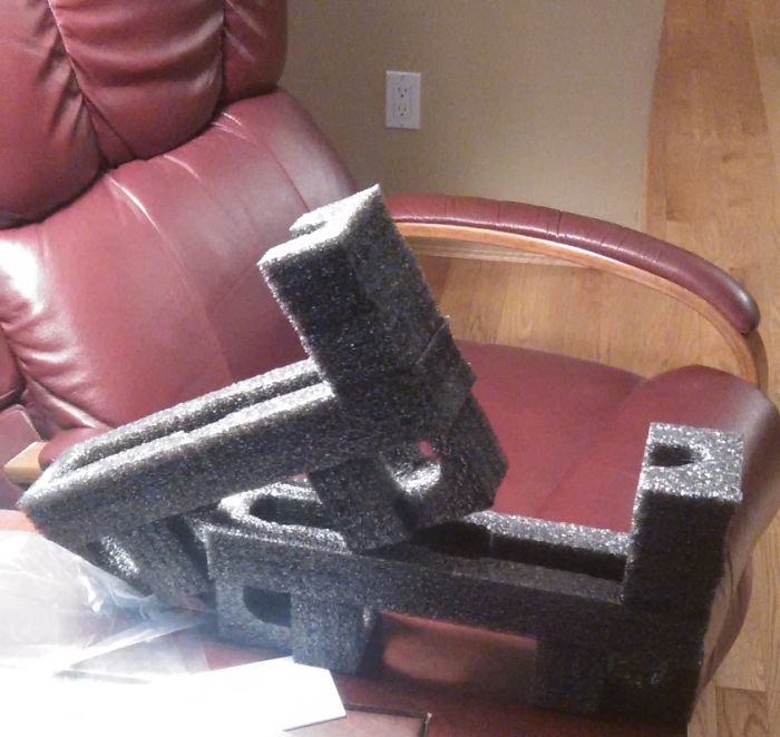 Foam pieces creatively stacked on a red chair, showcasing dad jokes to another level.
