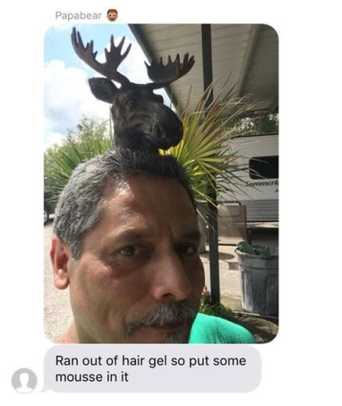 Dad posing with a moose head, creating a humorous "mousse" hairstyle joke.
