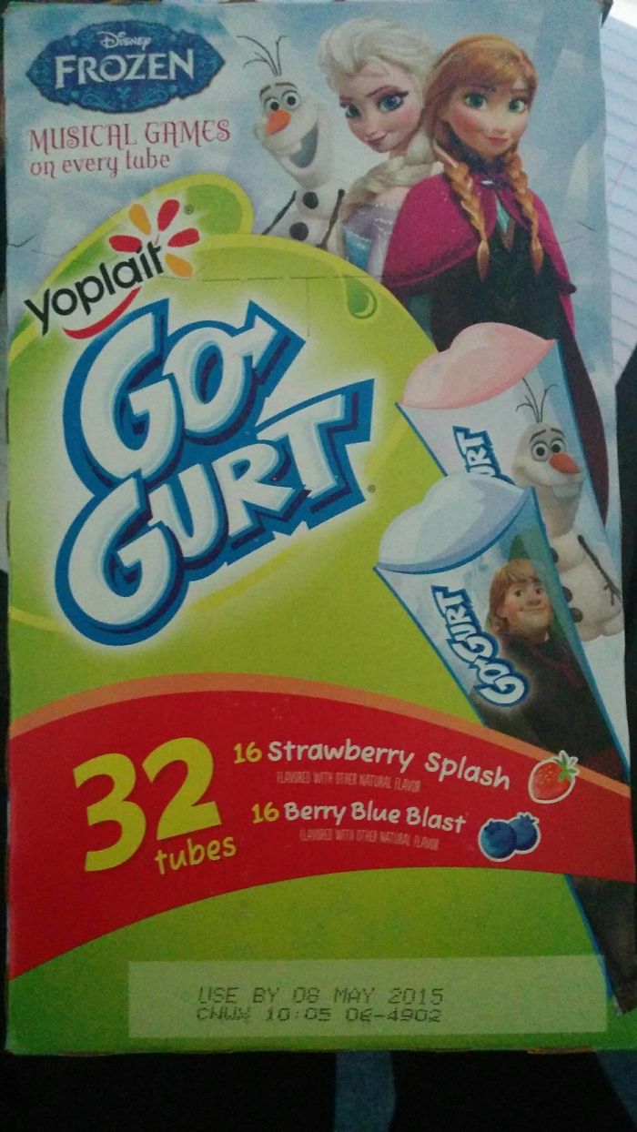 Frozen-themed Go-Gurt box with dad joke shared on packaging, featuring characters and flavor details.