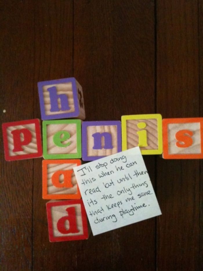 Dad humor with letter blocks arranged creatively, showcasing a playful note about parenting tactics.