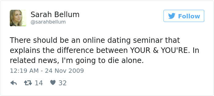Tweet by Sarah Bellum about online dating and grammar humor.