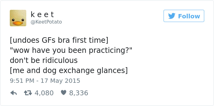 Funny dating tweet about dogs and first-time experiences.