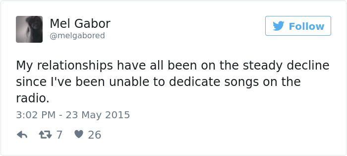 A tweet about dating humor mentioning relationships and song dedications on the radio.