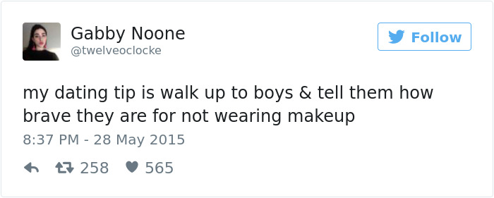 Tweet about dating humor highlights a playful tip on makeup and bravery.
