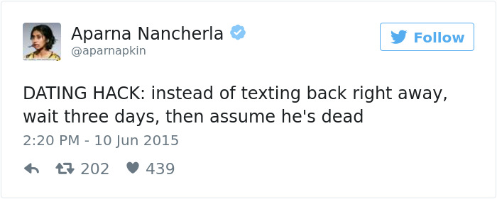 A funny tweet about dating with a humorous dating hack by Aparna Nancherla.