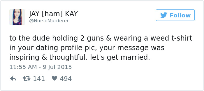 Tweet humorously commenting on a dating profile picture.