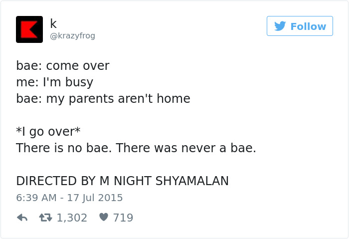 Tweet about dating: humorous scenario of responding to a text, only to find there's no bae, with a twist ending.