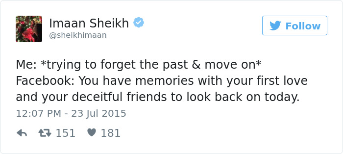 Hilarious tweet about dating: struggling to forget the past while being reminded by Facebook memories.