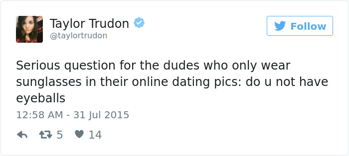 Tweet humorously questioning sunglasses in online dating pictures.