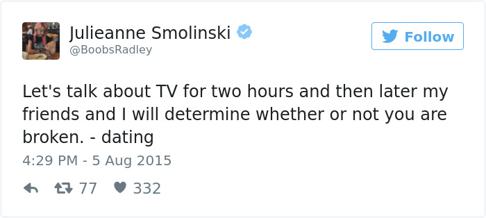 Funny dating tweet about analyzing TV preferences to judge compatibility.