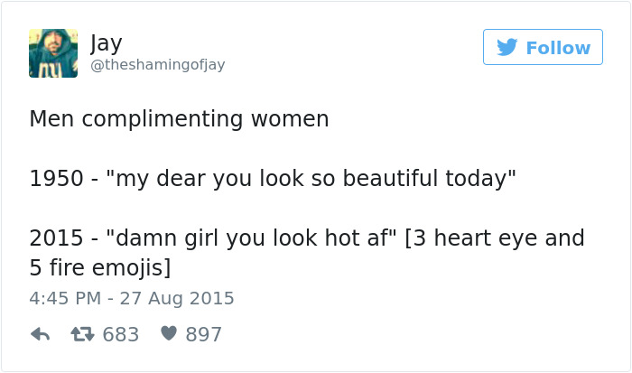 A funny tweet comparing dating compliments from 1950 and 2015.