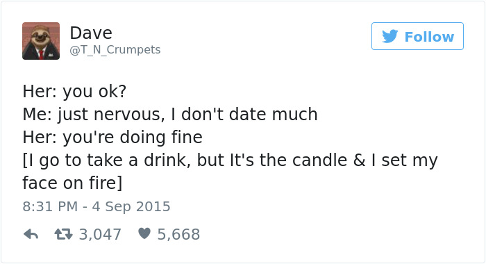Funny tweet about dating mishap with a candle from user Dave, shared on social media.