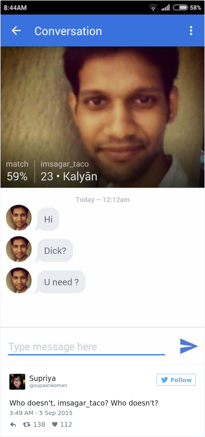 Dating conversation screenshot with humorous reply to a tweet.