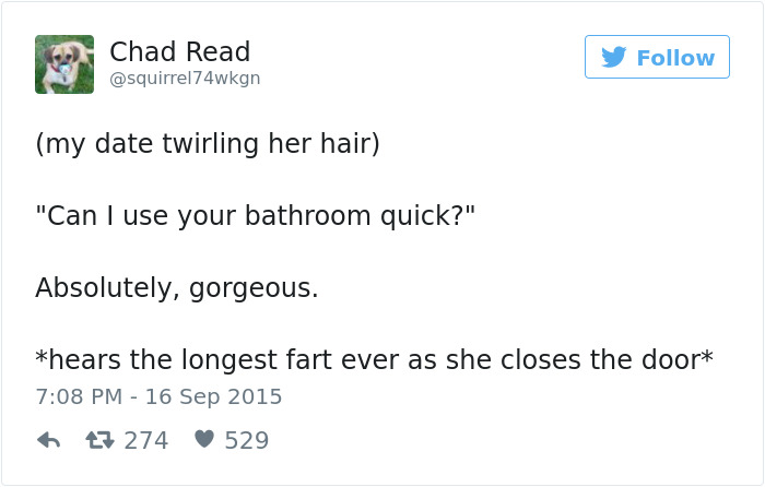 Tweet about dating humor by Chad Read, involving a bathroom and an unexpected sound.