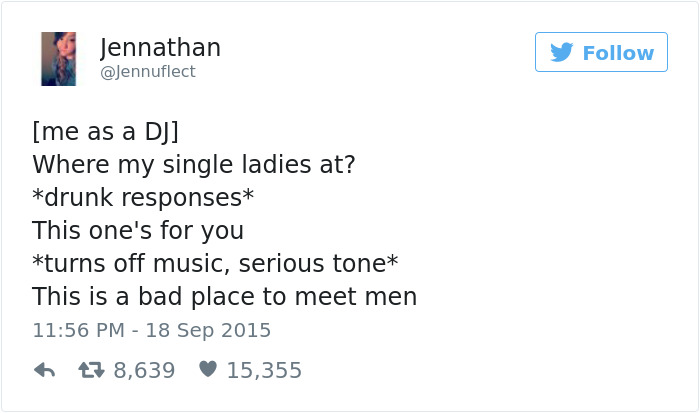 Tweet about dating humorously depicts a DJ's advice to single ladies in a club.