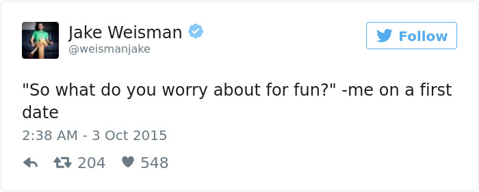 A tweet about dating humor: "So what do you worry about for fun?" with likes and retweets shown.