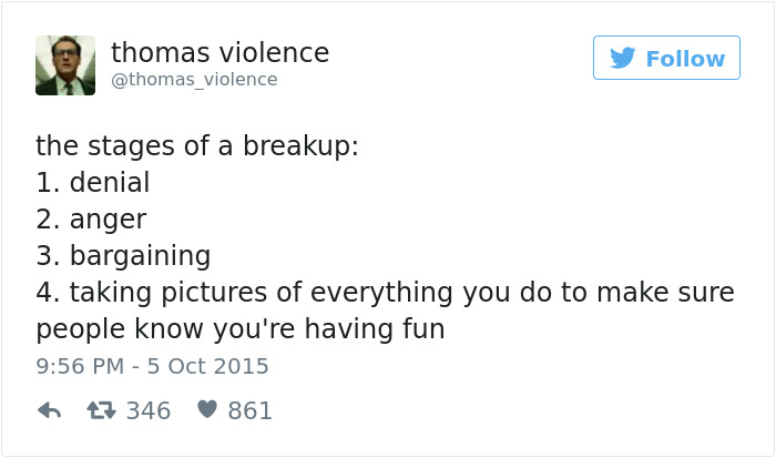 Tweet by thomas violence humorously listing breakup stages, illustrating hilarious aspects of dating.