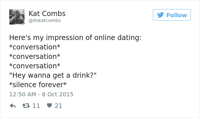 Tweet about dating humor: conversation starts, then silence after asking to get a drink.