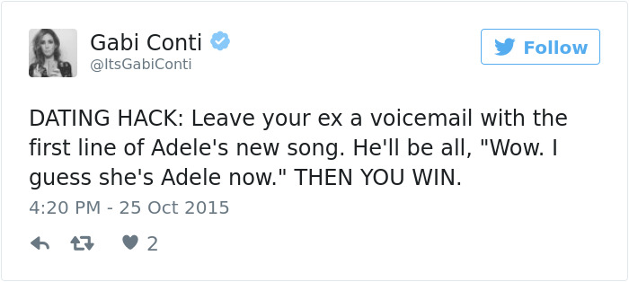 Tweet suggests a dating hack involving Adele's song for handling exes humorously.