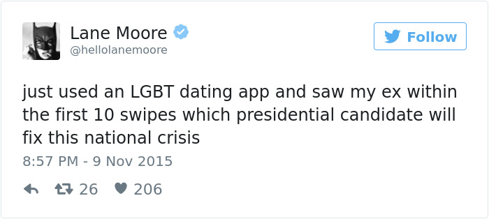 Tweet about dating app mishap, humorously questioning political intervention.