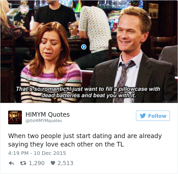 A woman and man in a bar reacting humorously about dating, with a captioned tweet shown below.