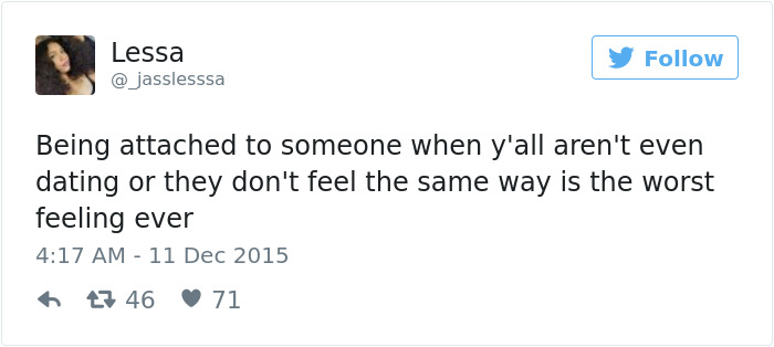 Screenshot of a tweet about dating struggles by user Lessa, expressing the pain of unreciprocated attachment.