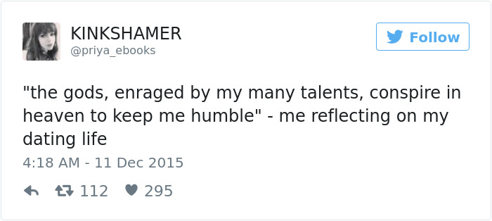 Tweet about dating humor, reflecting on talents and humility.