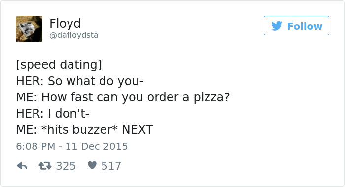 Tweet about speed dating humor, focusing on a pizza order question.