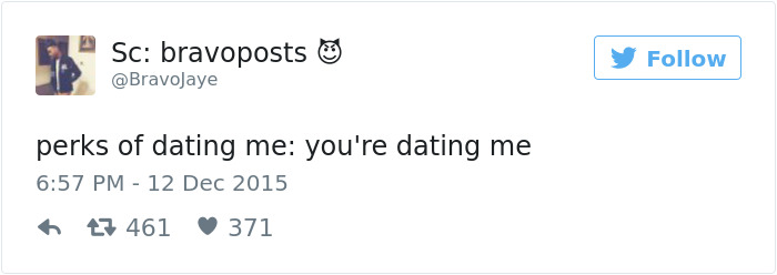 Tweet reads: "perks of dating me: you're dating me," illustrating a humorous take on dating.