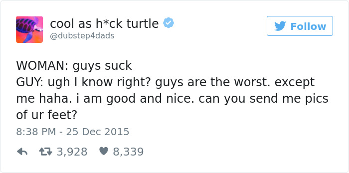 Tweet joking about dating dynamics, highlighting a man's contradictory response.