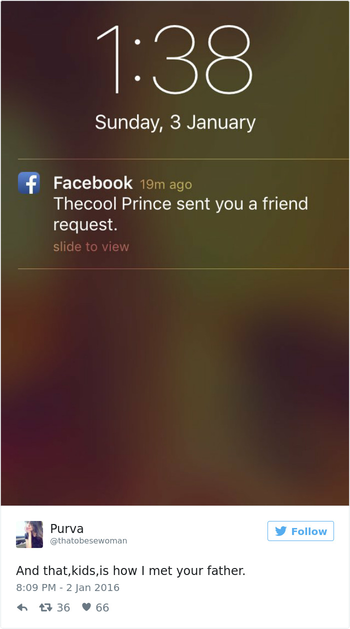 Facebook notification at 1:38 AM and a humorous tweet about dating from Purva.