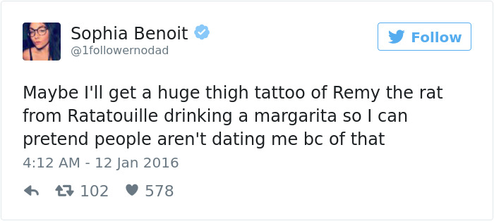 Tweet about dating humor with a joke of getting a tattoo of Remy the rat from Ratatouille to avoid dating.