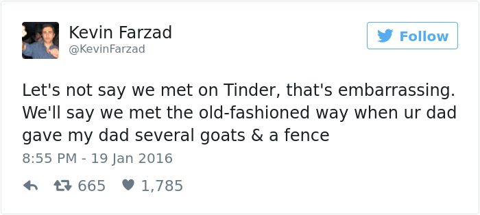 Hilarious dating tweet about meeting on Tinder versus the old-fashioned way with goats and a fence.