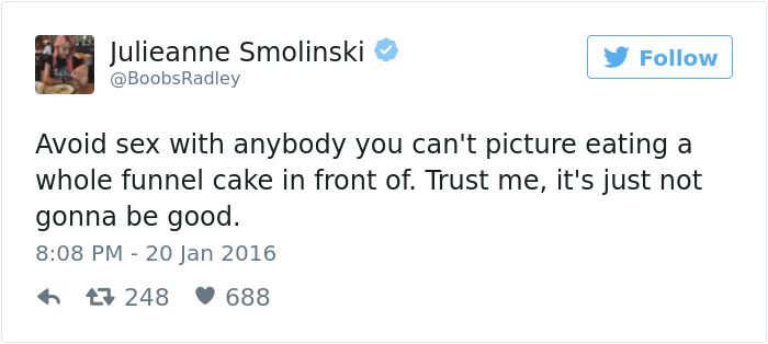 Funny tweet about dating advice related to eating funnel cake.