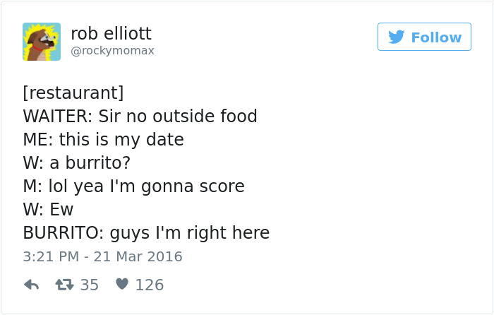 Funny tweet about dating featuring a conversation with a burrito at a restaurant.