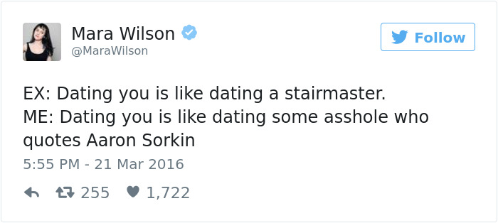 Tweet about dating humor comparing a person to a stairmaster and Aaron Sorkin quote lover.