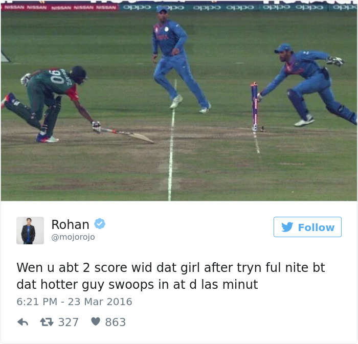Cricket scene with a humorous tweet about dating situations and last-minute surprises.