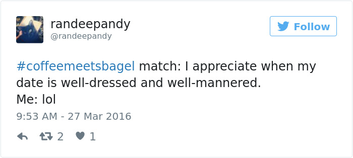 A tweet humorously reflects on dating expectations, mentioning #coffeemeetsbagel and contrasting well-dressed dates with "Me: lol".