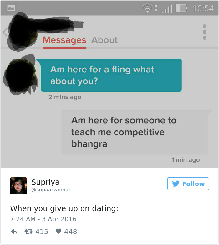 Dating tweet humor with a chat exchange: one seeking a fling, another wanting bhangra lessons.