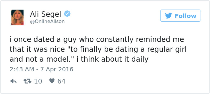 Tweet about dating experience, humorously highlighting relationship dynamics; Ali Segel shares a dating anecdote.