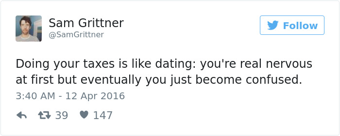 Tweet compares dating to doing taxes, highlighting shared nervousness and confusion.