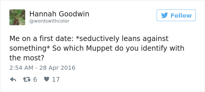 Tweet humorously illustrating dating experiences, asking about favorite Muppets on a first date.