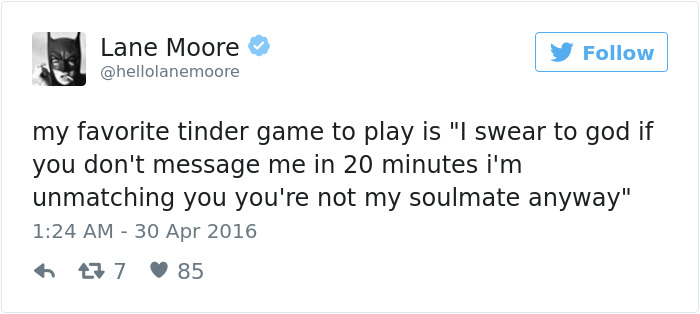 Tweet about a Tinder game, highlighting a humorous take on dating expectations.
