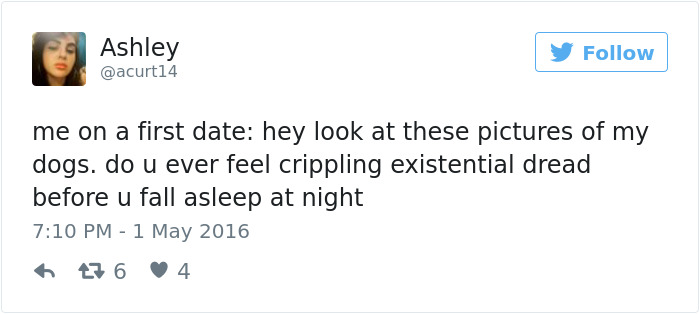 Tweet by Ashley joking about dating and existential dread, mentioning dogs and first date awkwardness.