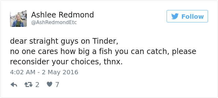 Tweet humorously critiquing Tinder profiles by Ashlee Redmond.